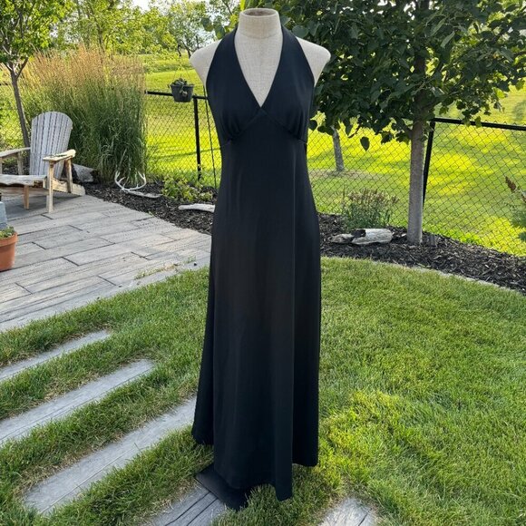 Vintage 70s Maxi Dress Black V-Neck Empire Waist Witchy Halter Gown - Picture 5 of 13